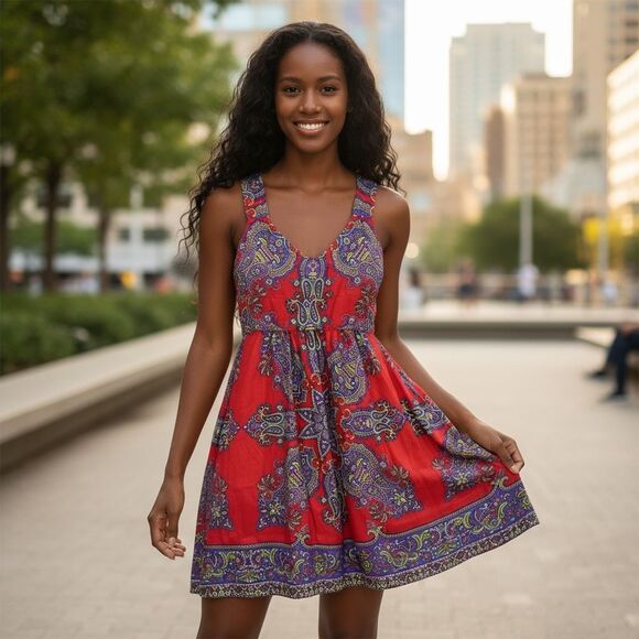 Silk Boho Dress Red Paisley Print Size 2 - Picture 2 of 12